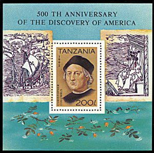 Tanzania 993, MNH, 500th Anniversary of Columbus' Arrival souvenir sheet