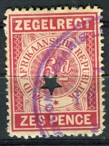 SOUTH AFRICA; TRANSVAAL 1890s classic Postal Fiscal issue used 6d. value