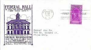 1939 FDC, #854, 3c Inauguration of Washington, Masonic Stamp Club of New York