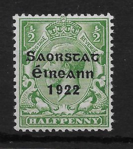 IRELAND SG52a 1922 SAORSTAT ½d GREEN NO ACCENT VAR MTD MINT