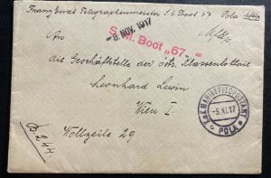 1917 Pola Austria KUK Marine Field Post SM Boat 67 cover To Vienna