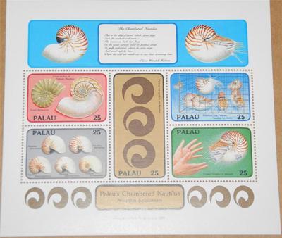 1988 Miniature sheet, Palau Chambered Nautilus Sc# 203 SC...