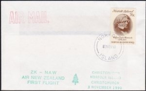 NORFOLK IS 1990 Air New Zealand first flight cover to Christchurch.........B3650