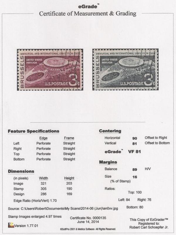 1104 3 cent Brussels World Fair Stamp used EGRADED VF 81