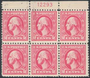 US # 528B SCV $375.   2c Carmine offset, mint never hinged, Plate Block, well...