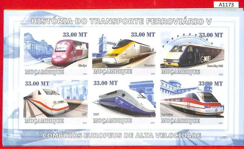 A1173 Mozambique- ERROR IMPERF 2009 TRAINS  high speed trains  Скоростные поезда