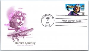 U.S. FIRST DAY COVER HARRIET QUIMBY AMERICA'S FIRST WOMAN AVIATOR ARTMASTER 1991