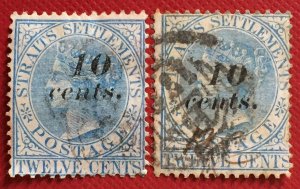 MALAYA Straits Settlements 1880-81 QV 10 cents opt 12c Varieties USED SG#44-45a