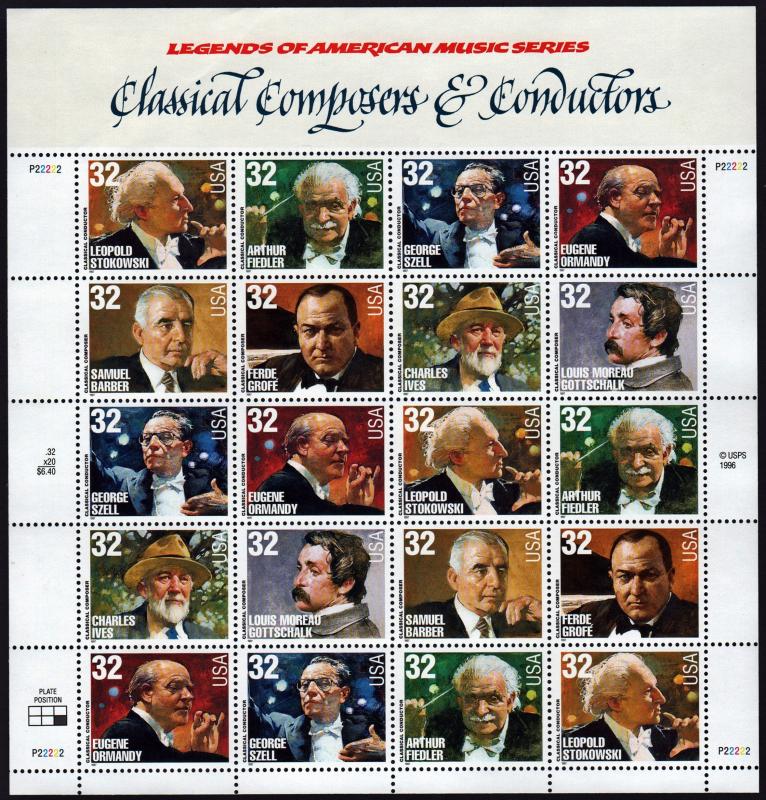 SC#3158-65 32¢ Classical Composers & Conductors Sheet of Twenty (1997) MNH