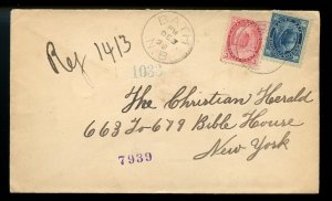 ?BATH, N.B. 1898 5c Maple Leaf & 3c numeral Registered to New York cover Canada