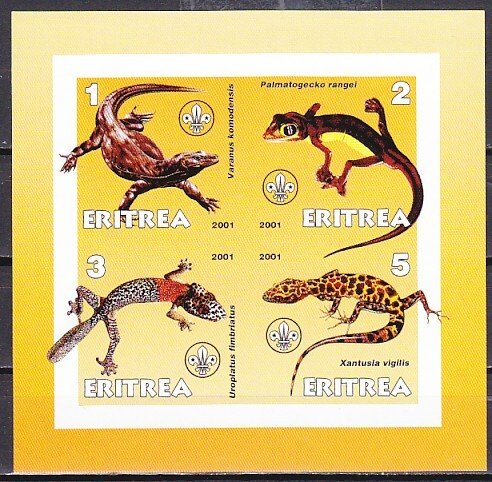 Eritrea, 2001 Cinderella issue. Lizards on an IMPERF sheet of 4. ^