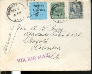 UNITED STATES '39 AIRMAIL COVER FRANKED 15 & 20c PRESIDENTIAL BROOKLYN TO BOGOTA