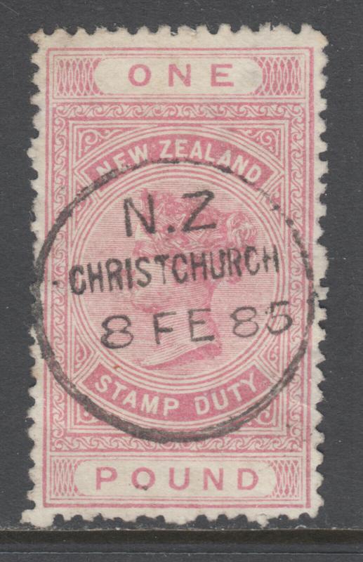 New Zealand Sc AR15v, SG F21, used. 1882 £1 rose pink QV Postal Fiscal, sound