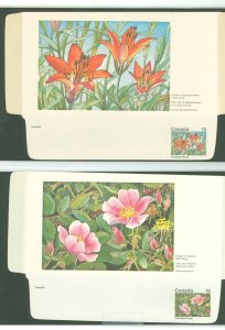 Canada UA35a 1973 MNH Floral aerogrammes with postage/poste below stamp; Prairie Lily, Flower of Saskatchewan & Wild Rose, Flowe