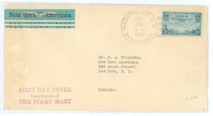 US C20 1935 25c clipper air mail stamp on an addressed, typed fdc, new york american, defunct newspaper corner card, with a wash