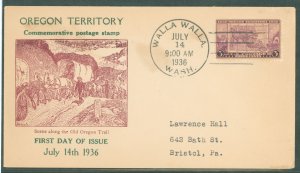 US 783 1936 3c Oregon Territory Centennial (single) on an addressed (typed) FDC with a Hubbard cachet and a Walla Walla, WA canc