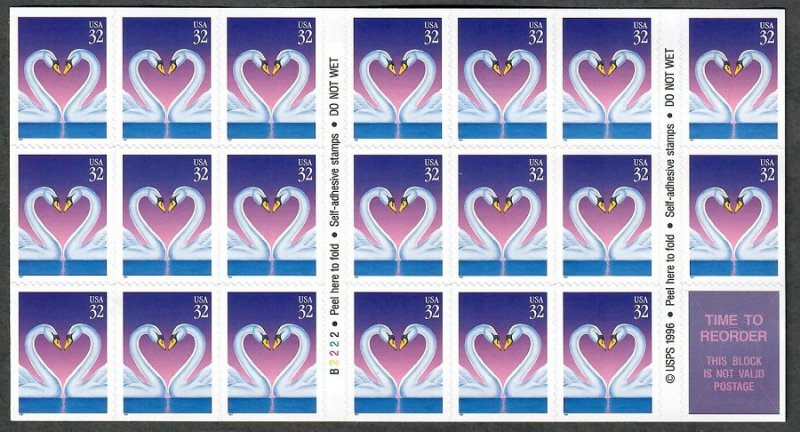 #3123a Love Swans booklet pane of 20, plate #B2222