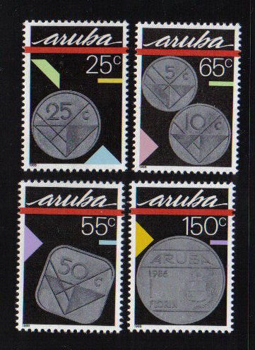 Aruba  #32-35  MNH  1988     coins on stamps