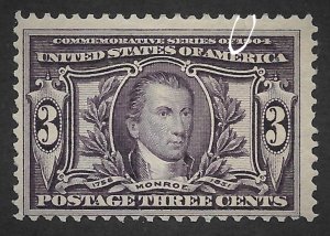 Doyle's_Stamps: P.O. Fresh 1904 3c Monroe, Scott #325* w/UM Tear