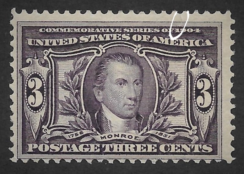 Doyle's_Stamps: P.O. Fresh 1904 3c Monroe, Scott #325* w/UM Tear