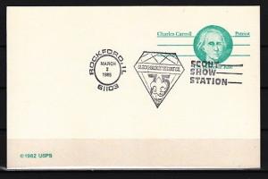 United States, 02/MAR/85. Rockford Scout cancel, Postal card. ^