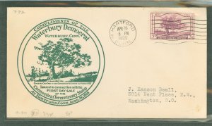 US 772 1935 3c Connecticut Tercentenary Charter Oak -single on an addresseed first day cover with a Waterbury Democrat cachet.