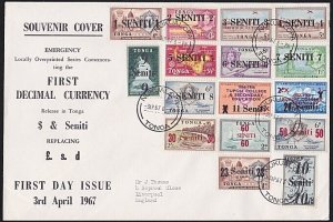 TONGA 1967 Decimal overprints set of 16 on FDC - very scarce...............B6764