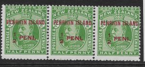 PENRHYN ISLAND SG19a 1914 d YELLOW-GREEN NO STOP AFTER ISLAND STRIP 3 MTD MINT