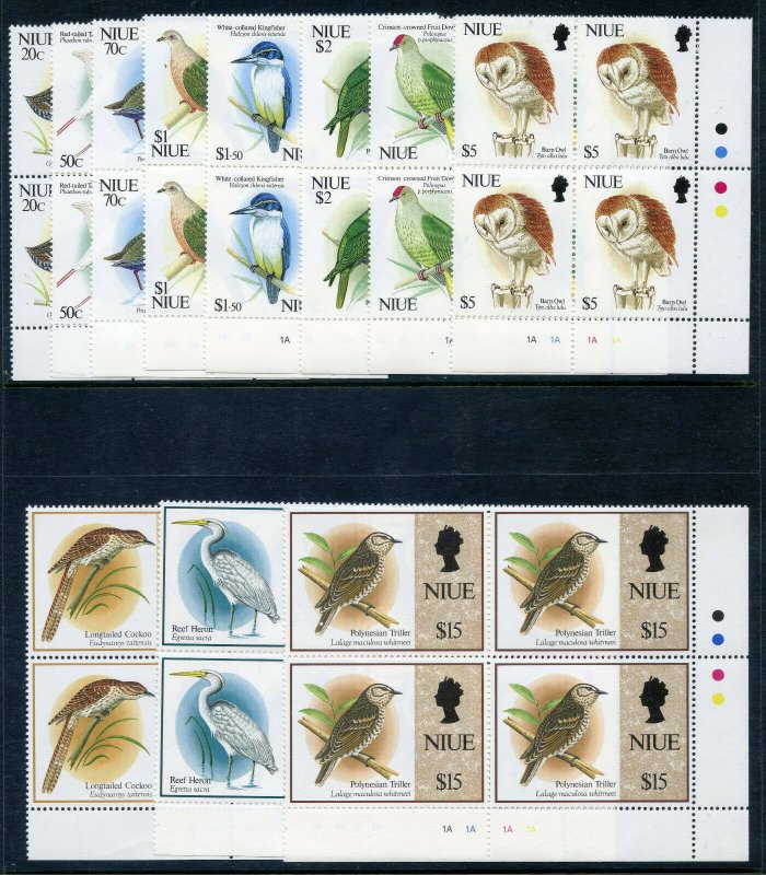 Niue 1992 QEII Birds set complete in blocks superb MNH. SG 718-729. Sc 604-614.