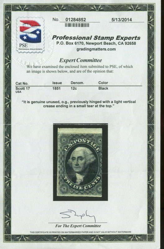 Scott 17 Washington Imperf Mint Stamp with PSE Cert Scott Cat $6250 (17-PSE-2)