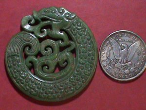 VERY OLD GREEN JADE PENDENT DOUBLE SIDE HAND CRAFT DRAGONS VERY HARD TO FIND