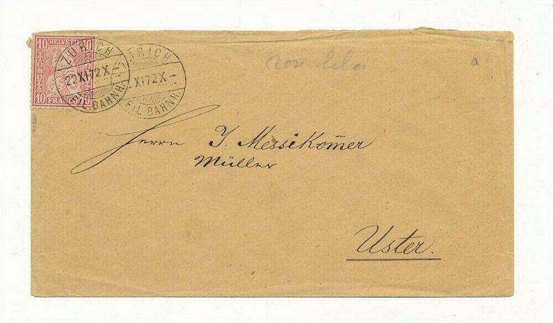 D063704 Switzerland Sitting Helvetia Sc. 53 10c carmine Cover 1872 Zurich Uster