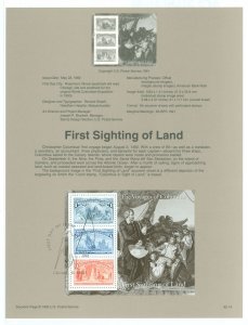 US SP1004/2625 1992 Christopher Columbus First Sighting Of Land Souv. Sheet with 3 stamps on Official USPS Souvenir Page FDC, #2