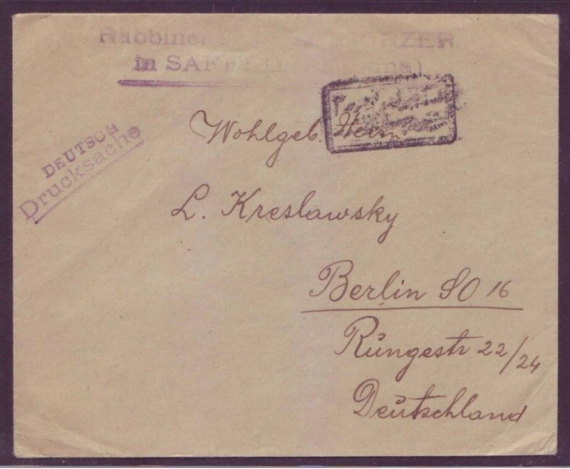 Saffed Palestine to Germany via Turkey RABBI PODHORZER - Ottoman Censor Judaica