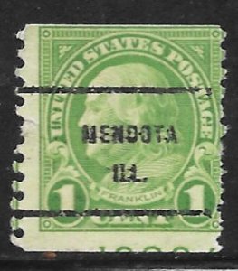 USA 597: 1c Franklin, Mendota, Ill. precancel, partial plate no, used, AVG