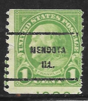 USA 597: 1c Franklin, Mendota, Ill. precancel, partial plate no, used, AVG