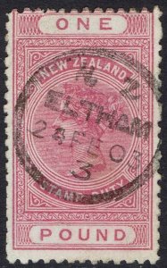 NEW ZEALAND 1882 QV £1 POSTAL FISCAL WMK UPRIGHT PERF 11 USED