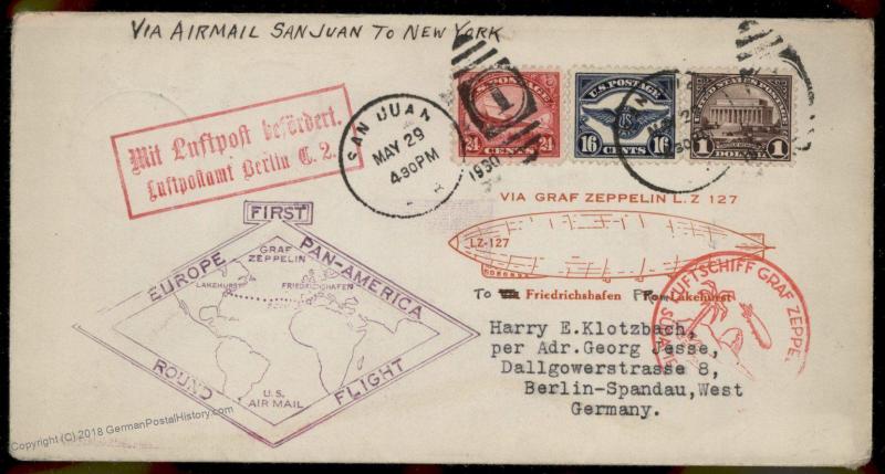 USA 1930 Graf Zeppelin Pan America SAN JAUN PUERTO RICO Si64 Cover 91380