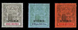 Mauritius #124-126S (SG 153-155s) Cat£425 (for set), 1902 1r-5r, three high ...