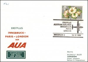 Austria Austrian Airlines Innsbruck to London 1964 1st Flight Cover