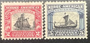 Scott#: 620-621 - Norse-American Issue 2¢ & 5¢ 1925 BEP single stamps MHOG - K3