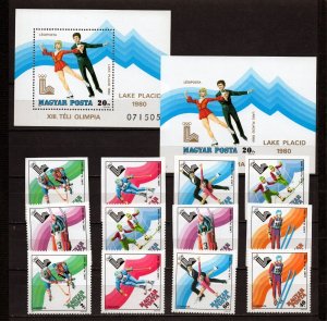 HUNGARY 1979 WINTER OLYMPIC GAMES LAKE PLACID 2 SETS OF 6 STAMPS & 2 S/S  MNH