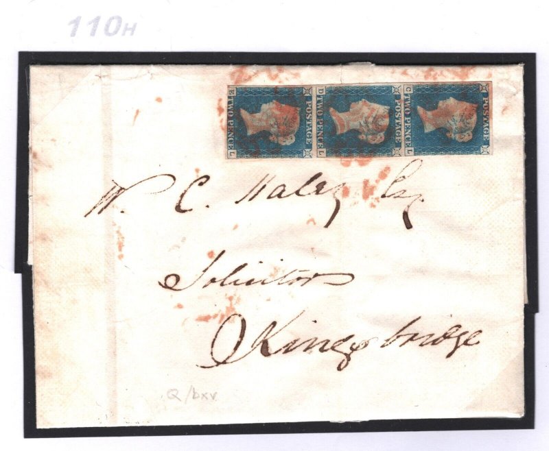 GB 1840 2d PALE BLUE STRIP (CL-EL) Cover PLYMOUTH MX Devon SG.6 Cat £4,950- 110h 