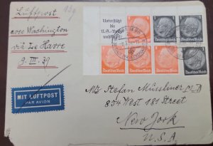 O) 1939 GERMANY,  PRESIDENT VON HINDENBURG, MIT LUFTPOST,  CIRCULATED TO USA