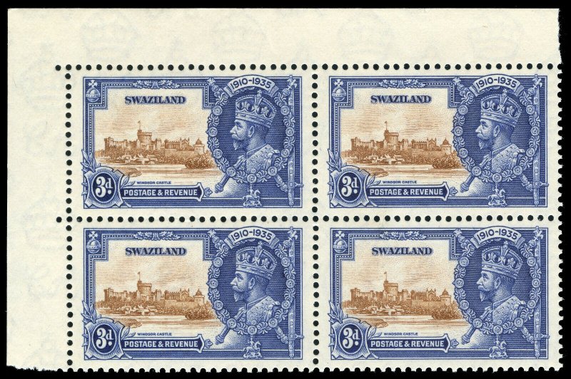 Swaziland 1935 KGV Silver Jubilee 3d SHORT EXTRA FLAGSTAFF block MNH. SG 23,23b.