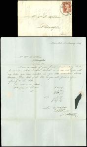 1853 JAN 4, NEW YORK CDS to Philly, Letter SILK UNDERSLEEVE BANDS, SC #10A, $210