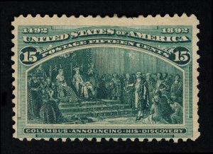 EXCELLENT GENUINE SCOTT #238 F-VF MINT OG H 1893 COLUMBIAN EXPO 15₵ DARK GREEN