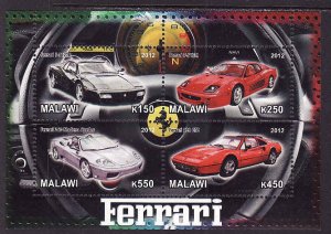 Malawi-unused NH sheet of 4-Cars-Automobiles-Ferrari-2012