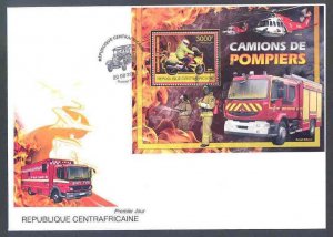 CENTRAL AFRICA  2012  'FIRE ENGINES'  SOUVENIR  SHEET  FIRST DAY COVER