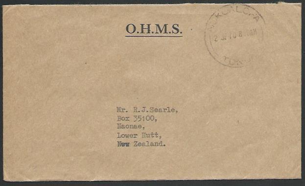 TONGA 1970 small OHMS cover Nuku'alofa to New Zealand......................27486